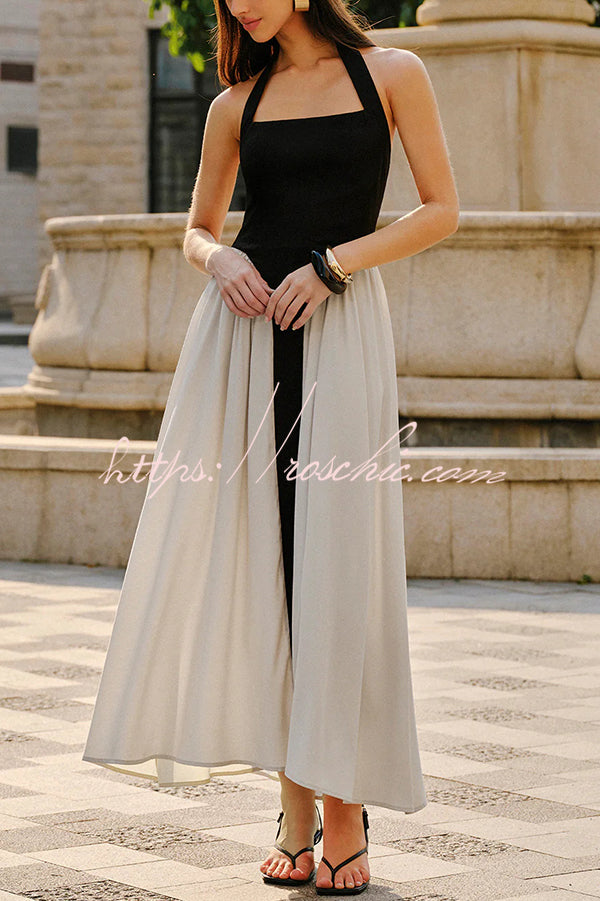 Contrast Color Stitching Sleeveless Backless Slim Maxi Dress