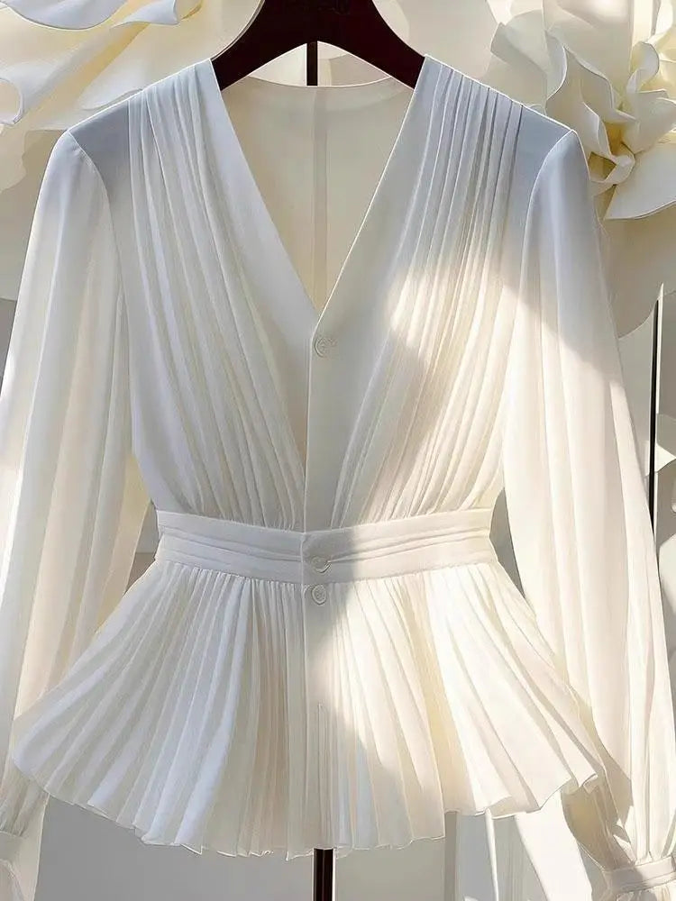 Youth Pleated White Long Sleeve Button Up Shirt V Neck Ruffle Tunic Basic Blouse Chiffon Lady Office