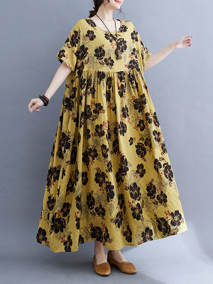 Loose Short Sleeves Pleated Printed Split-joint Round-neck Midi Dresses
