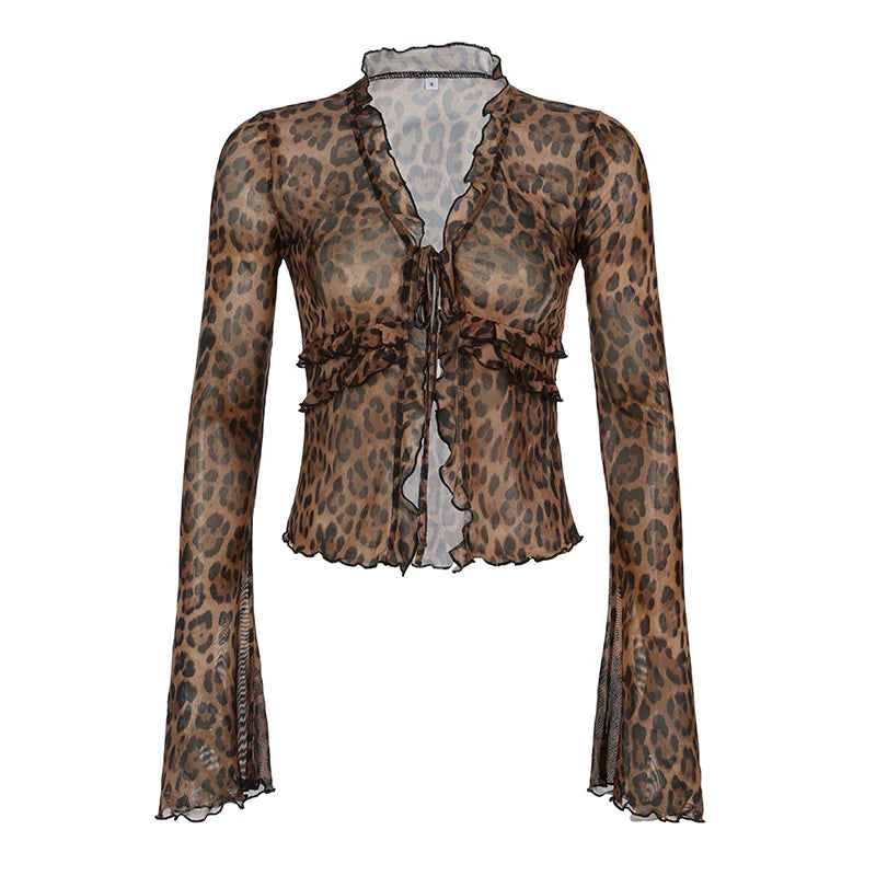Leopard Print Lace-up Blouse Shirts Semi-sheer Mesh Flared Sleeve Ruffled Cardigan Tops