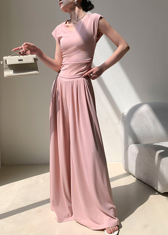 Pink Pockets Elastic Waist Cotton Wide Leg Pants Summer Ee059