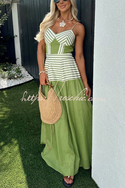 Dove Linen Blend Striped Contrast Back Smocked Slip Maxi Dress