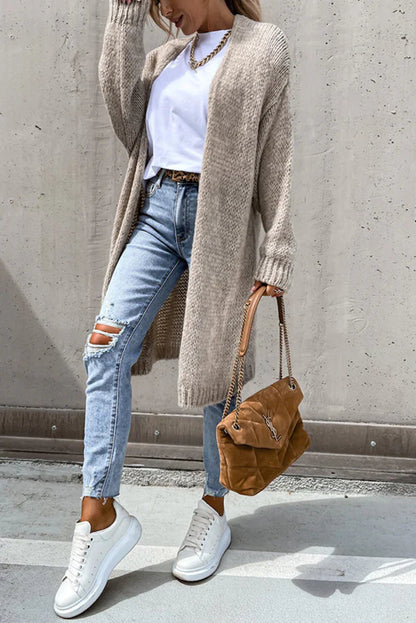 Color V-neck Knitted Long-sleeved Oversized Midi Cardigan