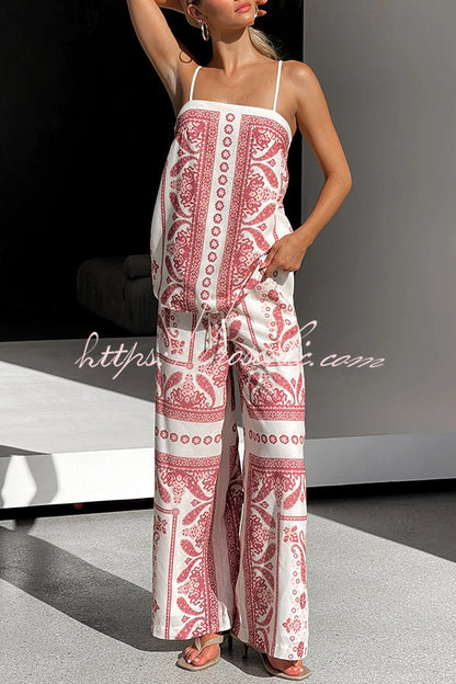 Unique Print Loose Tank Top and Elastic Waist Wide Leg Straight Pants Set