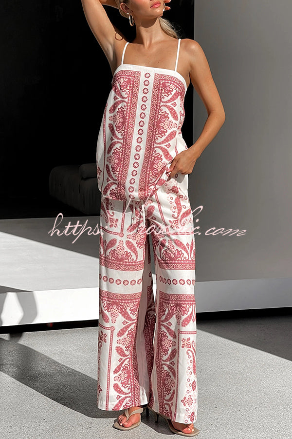 Unique Print Loose Tank Top and Elastic Waist Wide Leg Straight Pants Set