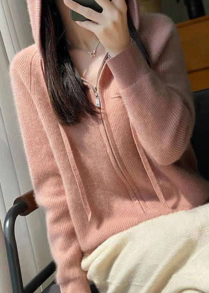 Pink Hooded Zip Up Wool Knit Coat Fall Qx034