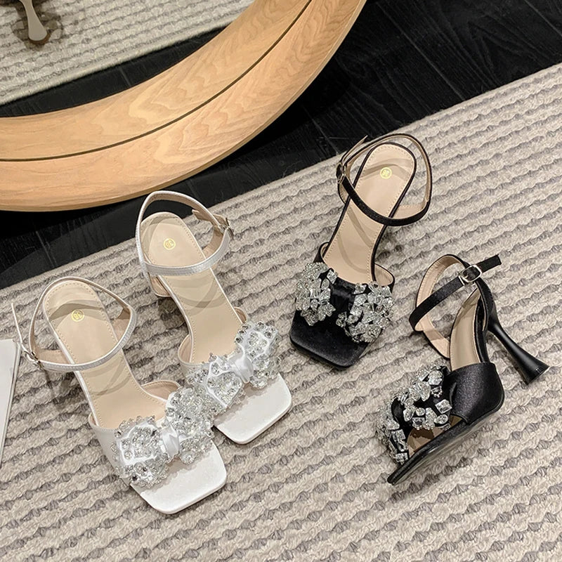 Liyke White Sandals: 9cm Gladiator High Heels With Crystal Bowknot for – Square Toe Party Dress Shoes