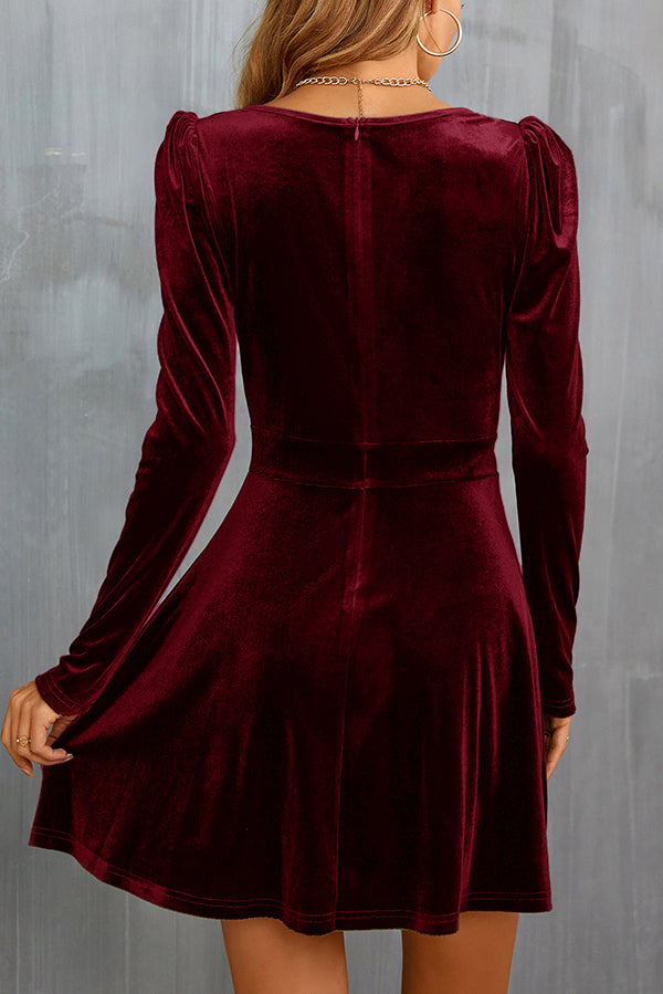 Velvet V-neck Long-sleeved Waist Mini Dress