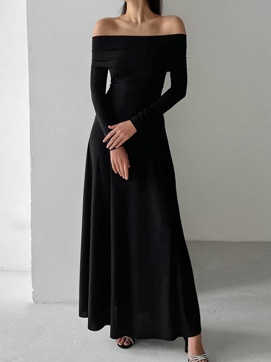 High Waisted Long Sleeves Color Off-the-shoulder Maxi Dresses