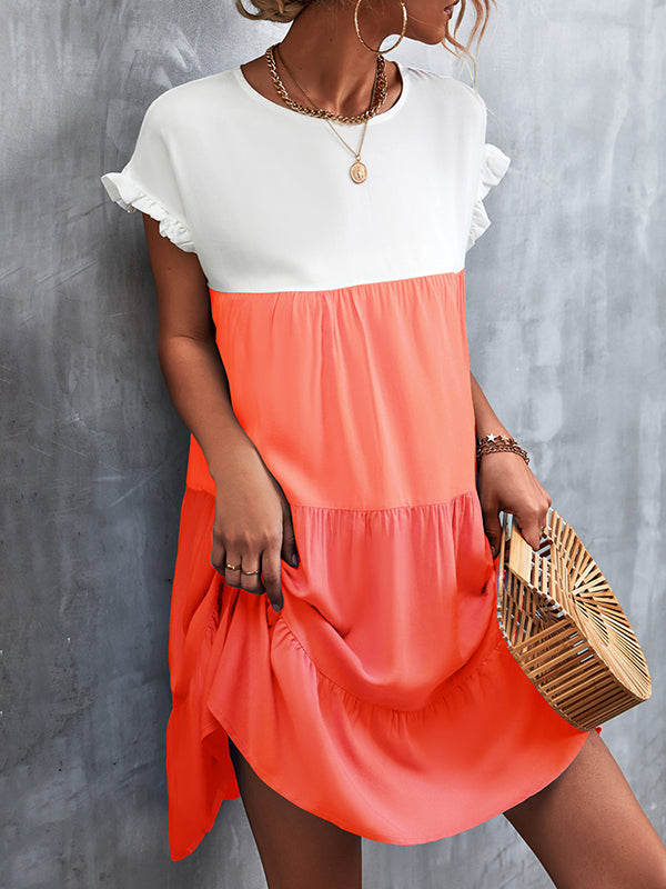 Loose Ruffle Sleeves Contrast Color Falbala Pleated Split-joint Round-neck Mini Dresses