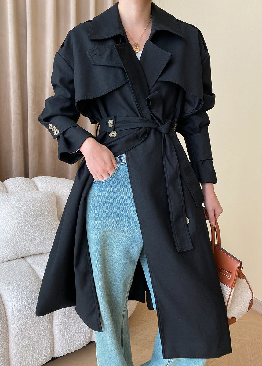 Black Button Cotton Long Trench Coat Peter Pan Collar Fall Af1034