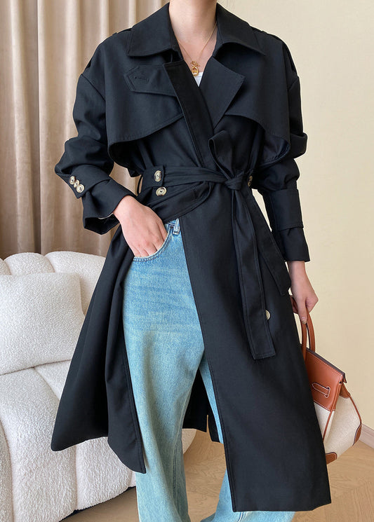 Black Button Cotton Long Trench Coat Peter Pan Collar Fall Af1034