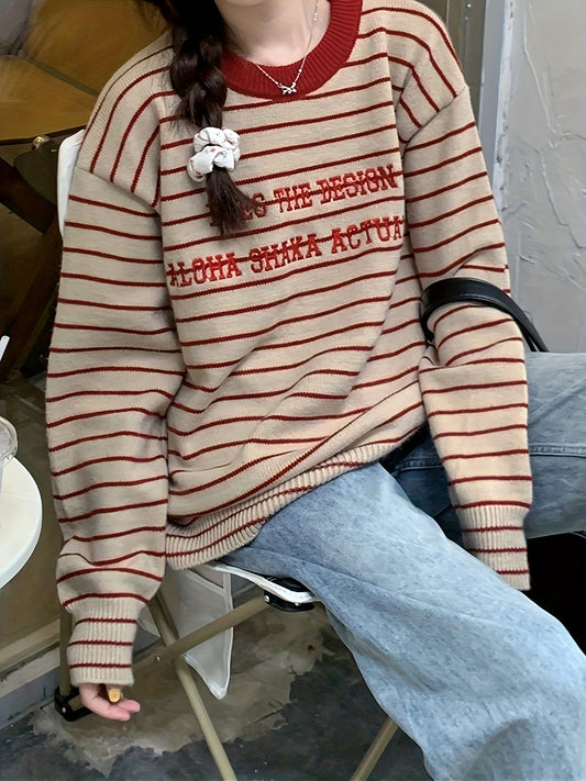 Letter Pattern Striped Pullover Sweater Kr9143