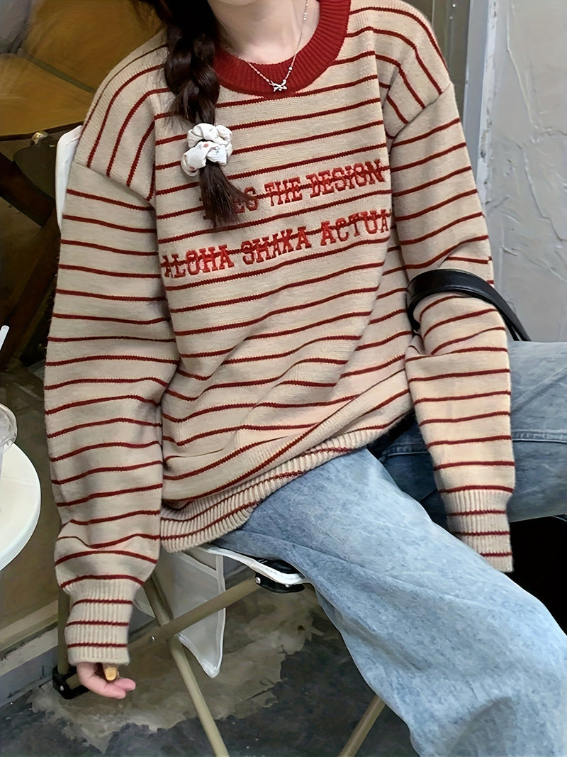Letter Pattern Striped Pullover Sweater Kr9143