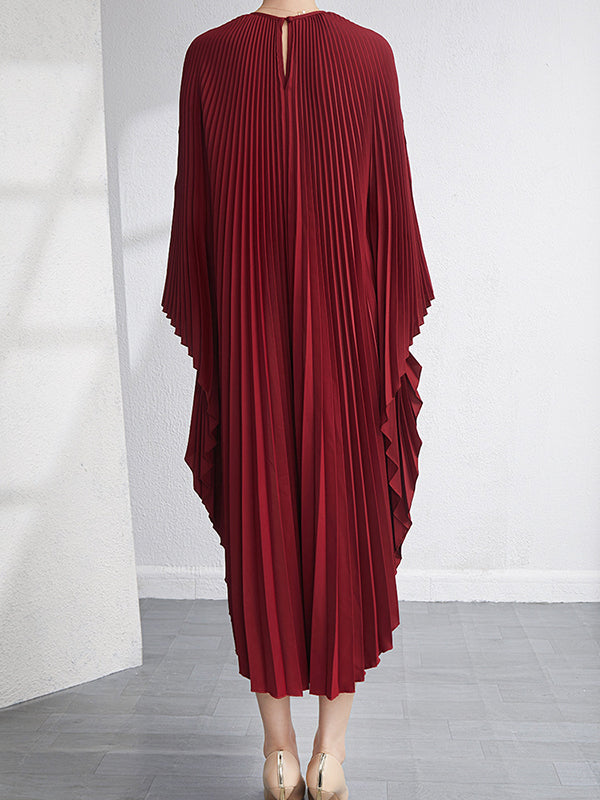 Batwing Sleeves Loose Pleated Color Maxi Dresses