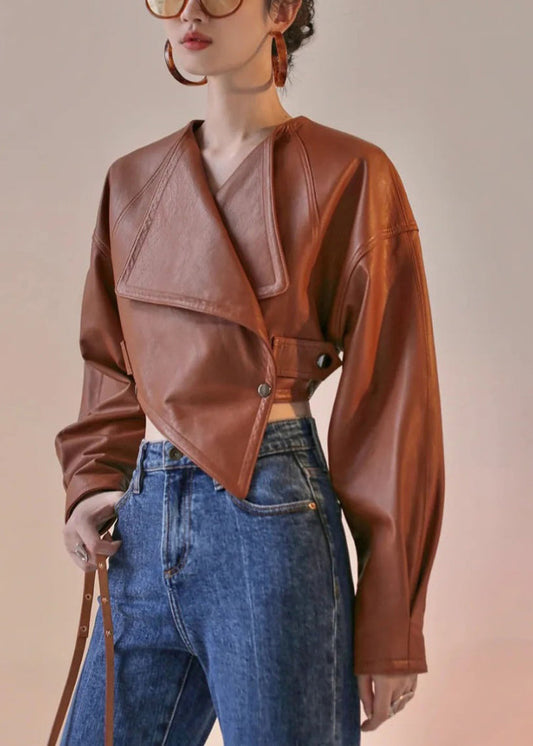 Style Brown Asymmetrical Patchwork Faux Leather Short Coat Fall Ry008