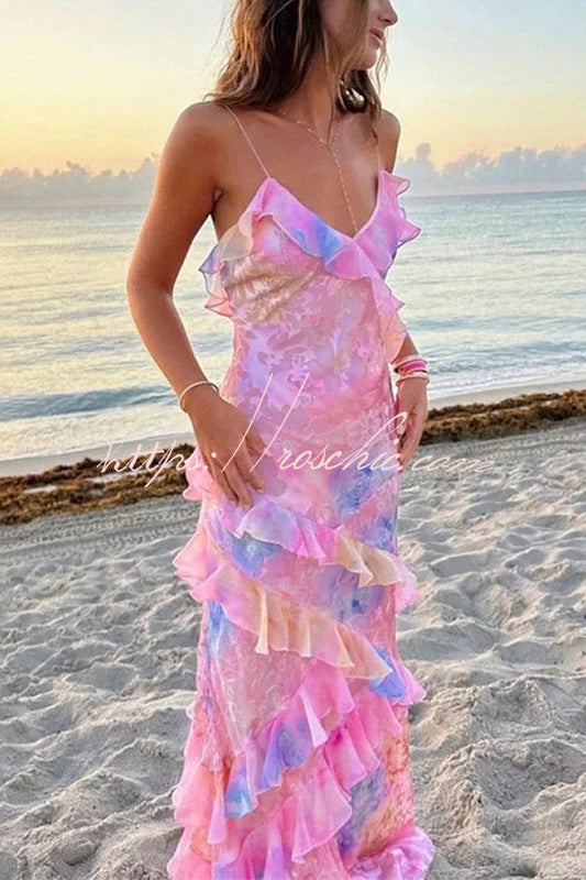 Multicolor Tie-dye Backless Wave-hem Strap Maxi Dress
