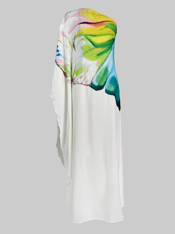 Long Sleeves Loose Asymmetric Flower Print One-shoulder Maxi Dresses