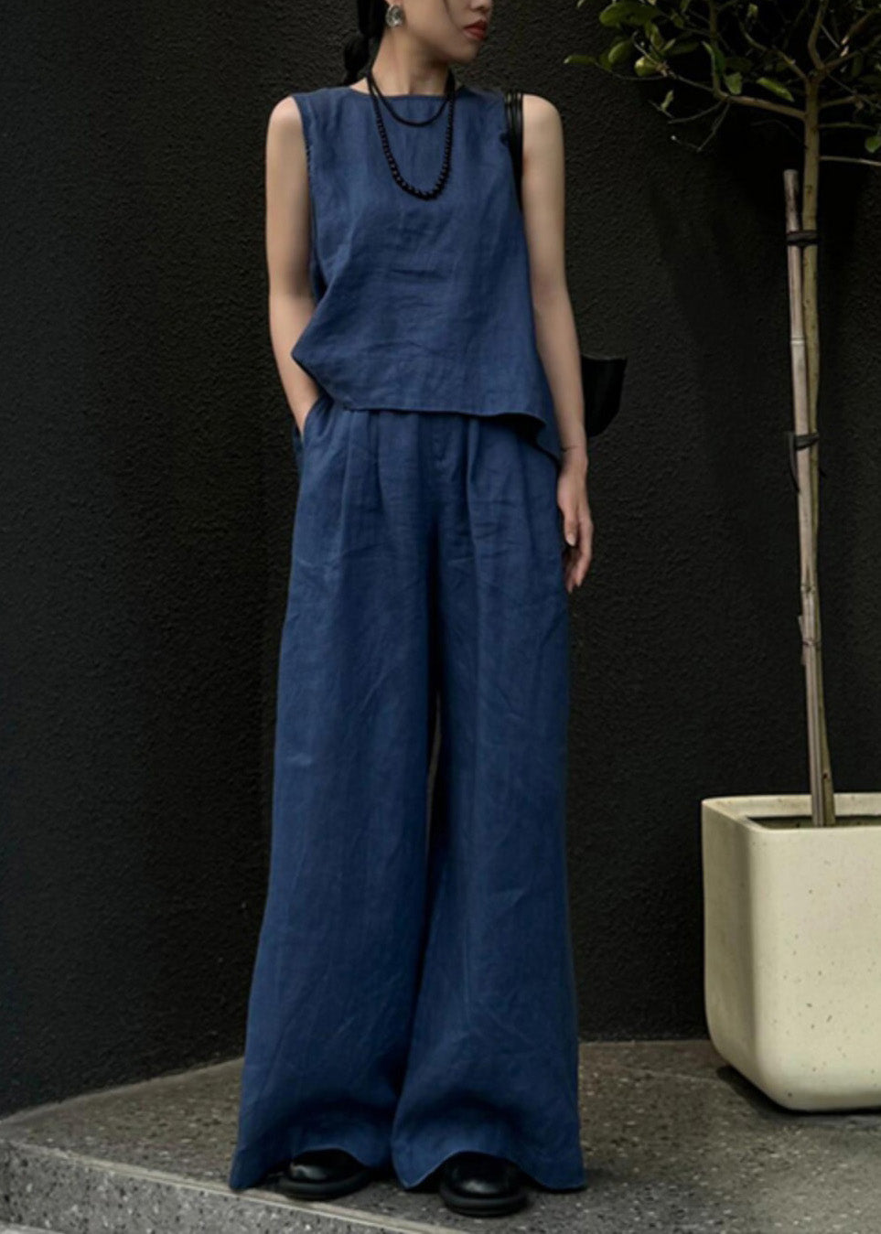Blue Linen Vest and Wide Leg Pants Two Pieces Set Sleeveless An1026