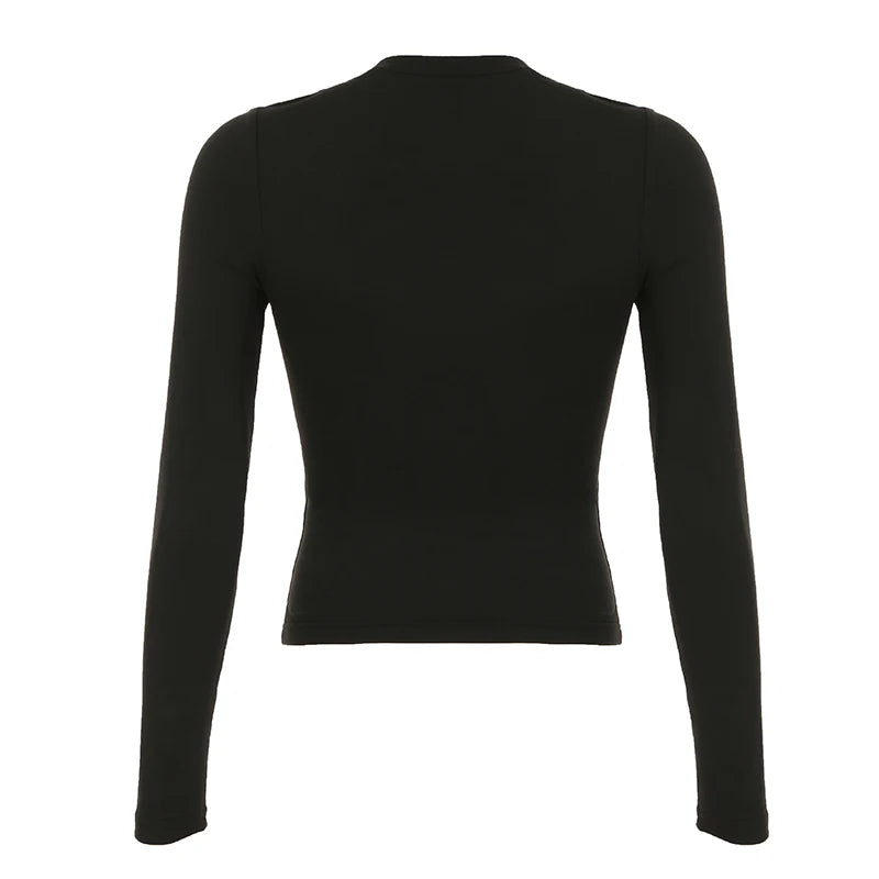 Darkly Punk Cothic Long Sleeve T-shirt Patchwork Fabric Cut Out O-neck Top Tees Slim Tops