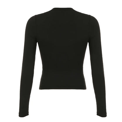 Darkly Punk Cothic Long Sleeve T-shirt Patchwork Fabric Cut Out O-neck Top Tees Slim Tops