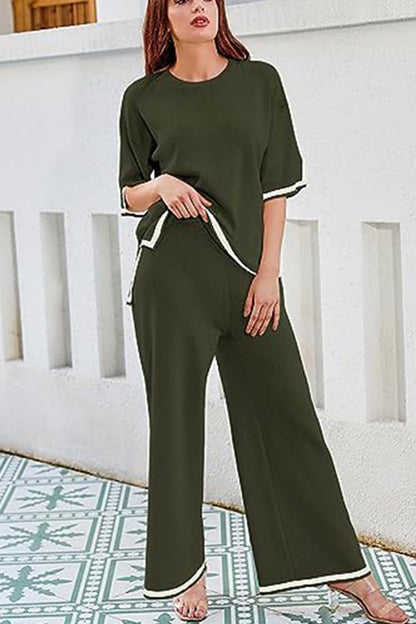Lounge or Wear Knit Patchwork Color Block Short Sleeve Top and Elastic Wide Leg Pants