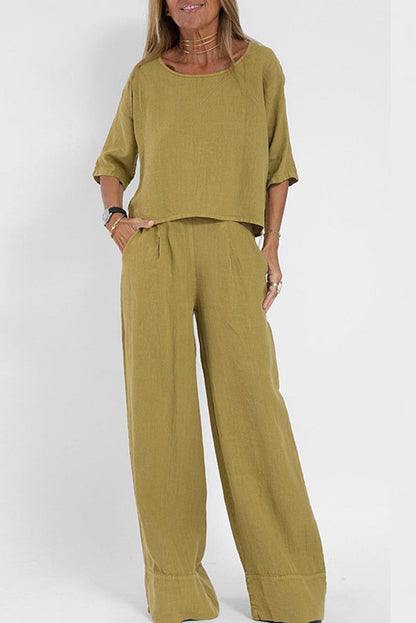 Linen Blend Color Round Neck Top and Loose Wide-leg Pants Set