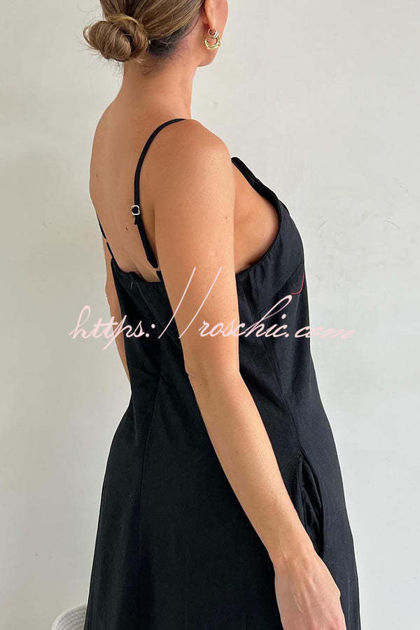 Vacay Ready Linen Blend Embellishment Pocketed Slit Maxi Dress