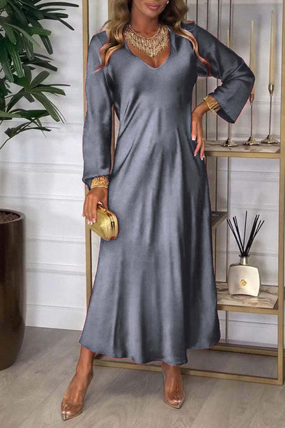 Color V-neck Long-sleeved Loose Draped Maxi Dress