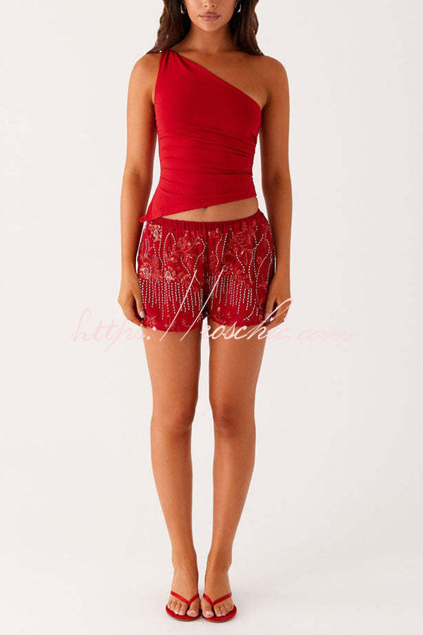 Dazzling Sequin Beaded Material Low Rise Elastic Waist Loose Shorts