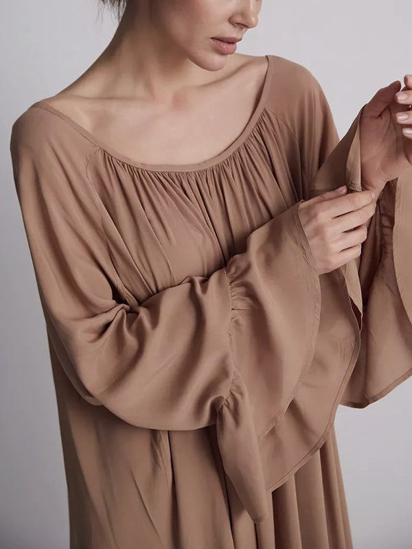 A-line Flared Sleeves Pleated Color Split-joint Round-neck Maxi Dresses