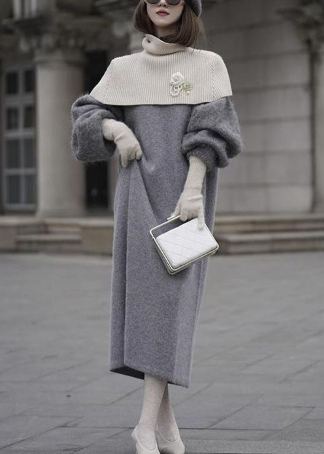 Italian Grey O Neck Woolen Sweater Dress Lantern Sleeve Wv019