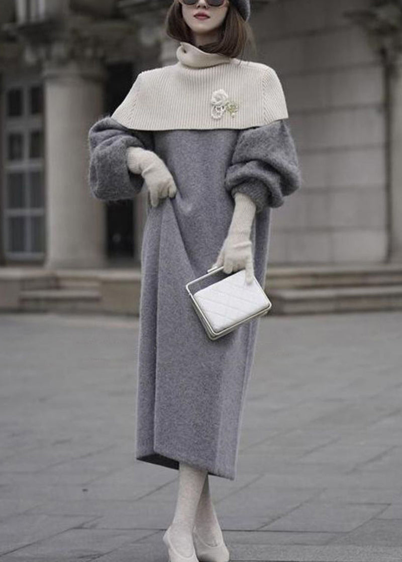Italian Grey O Neck Woolen Sweater Dress Lantern Sleeve Wv019