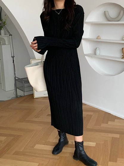 Simple Long Sleeves Black Split-joint Elasticity Waist Pleated Midi Dress