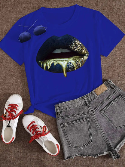Round Neck Lip Print T-shirt ’s Short-sleeved Basic White T-shirt