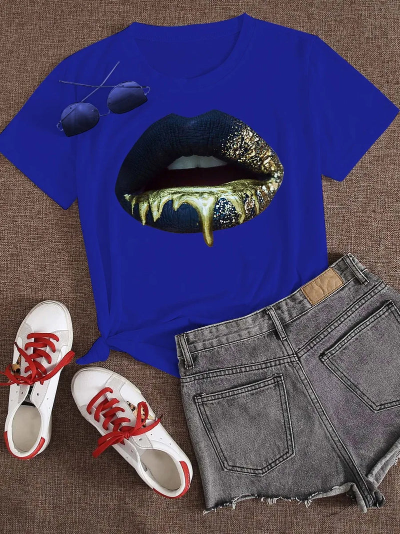 Round Neck Lip Print T-shirt ’s Short-sleeved Basic White T-shirt