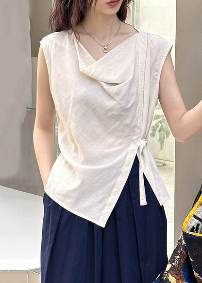 Beige Cotton Blouse Tops Turtle Neck Sleeveless Af1044