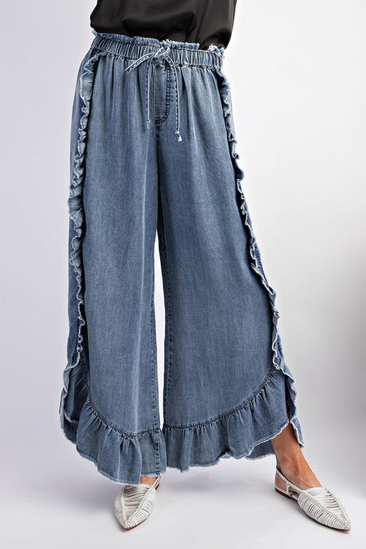 Color Ruffled Elastic Waist Tie Loose Denim Flared Pants