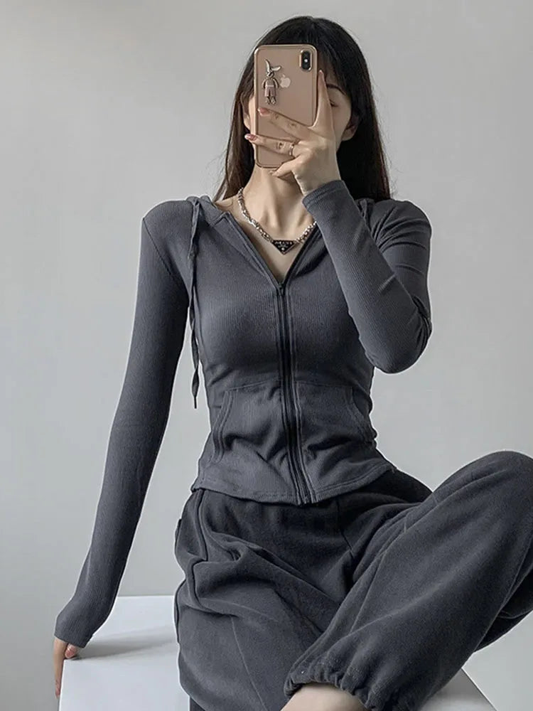 Zip Up T Shirts Hooded Cardigan Long Sleeve Cropped Tops Tracksuit