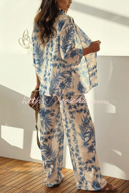 Linen Blend Botanical Print Loose-fitting Top and Elastic Waist Wide-leg Pants Set