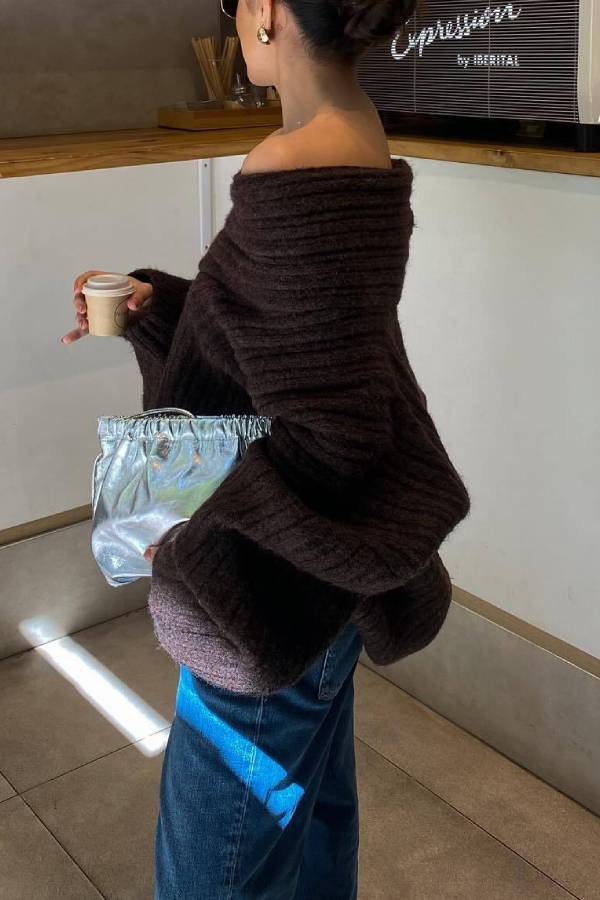 Fashionable Irregular Collar Loose Knitted Sweater