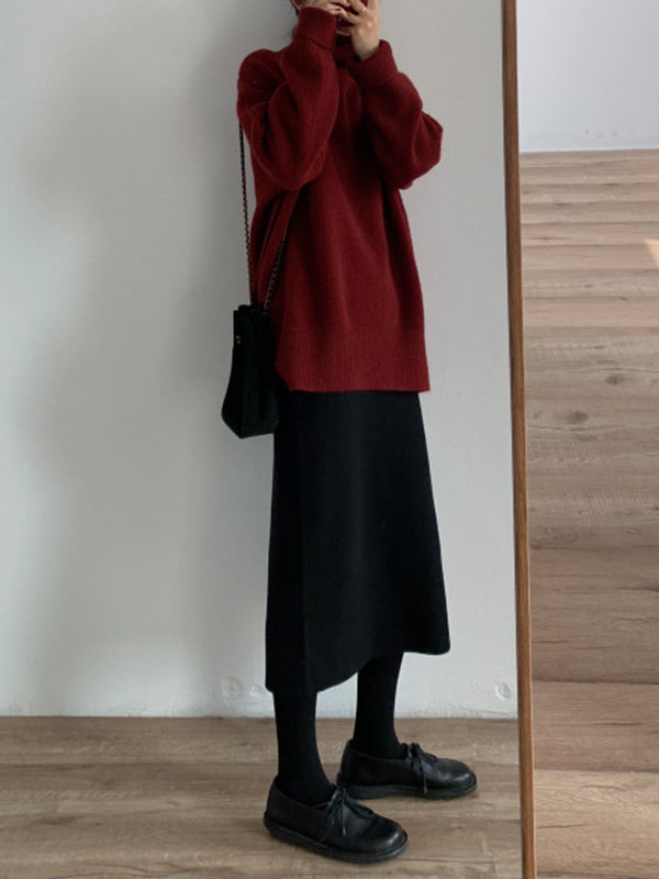 Red High Neck Split Hem Long Sleeve Sweater An1056