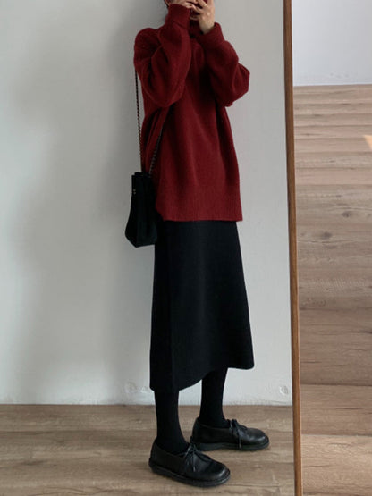 Red High Neck Split Hem Long Sleeve Sweater An1056