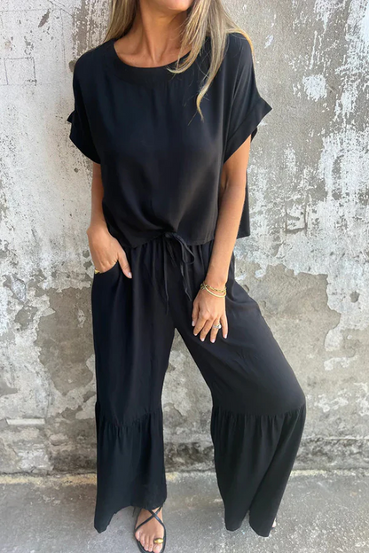 Color Crew Neck Short-sleeved Top and Elastic Waist Tie Pocket Wide Leg Pants Set