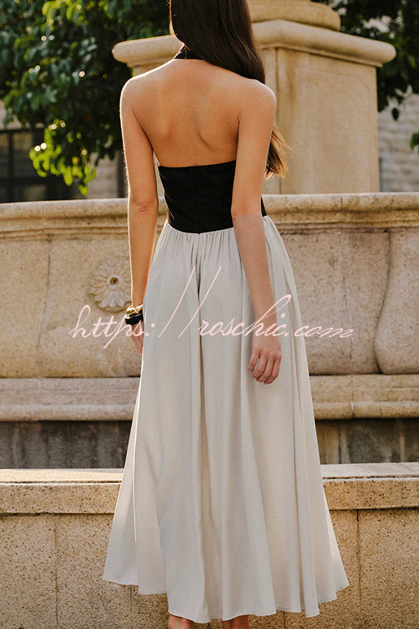 Contrast Color Stitching Sleeveless Backless Slim Maxi Dress