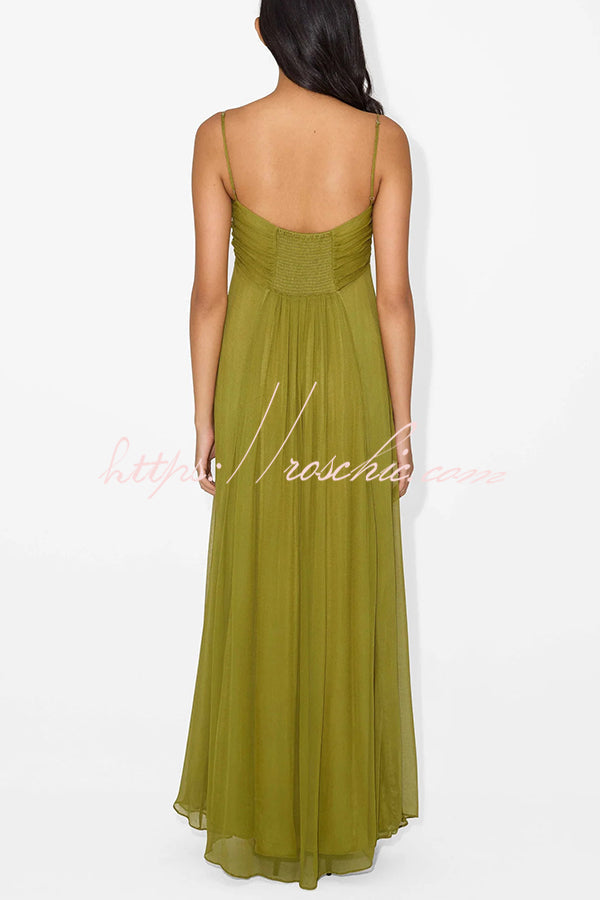 Soft and Metal Hollow Design Back Smocked A-line Slip Maxi Dress