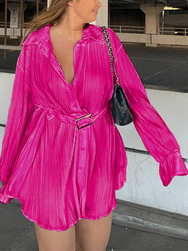 Long Sleeves Buttoned Pleated Color Tied Waist Lapel Mini Dresses Shirt Dress