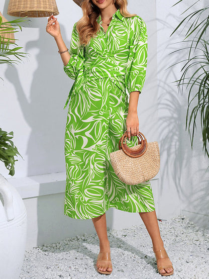 A-line High Waisted Elasticity Printed Tied Waist Lapel Midi Dresses Shirt Dress