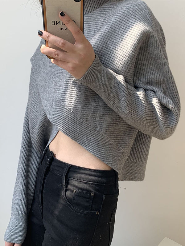 Urban White High-neck Split-front Long Sleeve Crop Sweater An1034