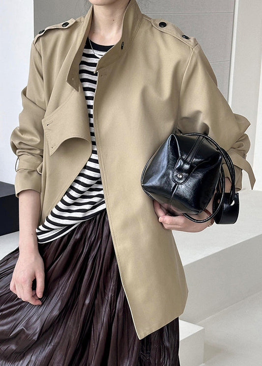 French Khaki Stand Collar Button Cotton Coats Fall Af1081